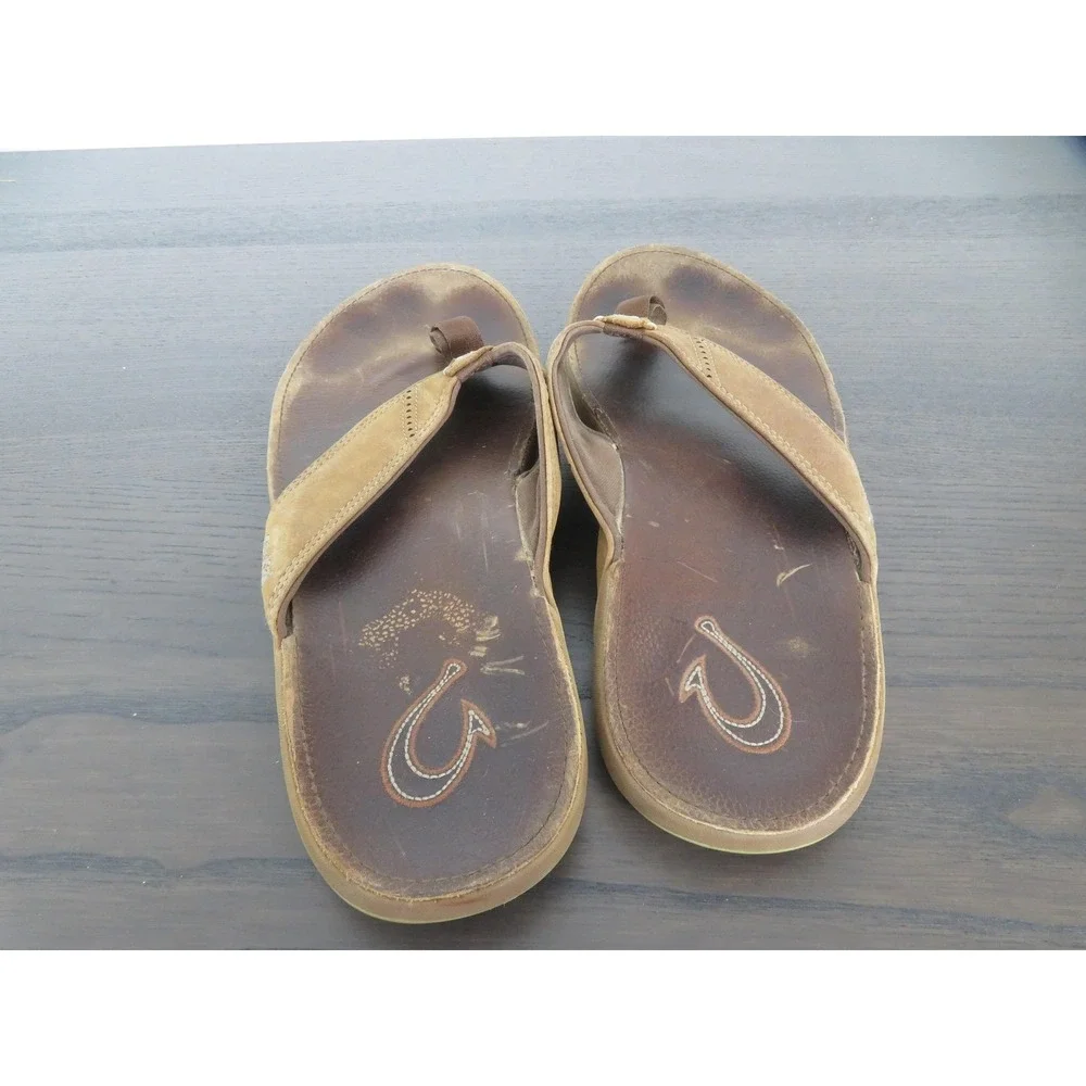 OluKai Nui Sandals Mens Size 12 Brown Leather Thong Flip Flops 10239-SKSK